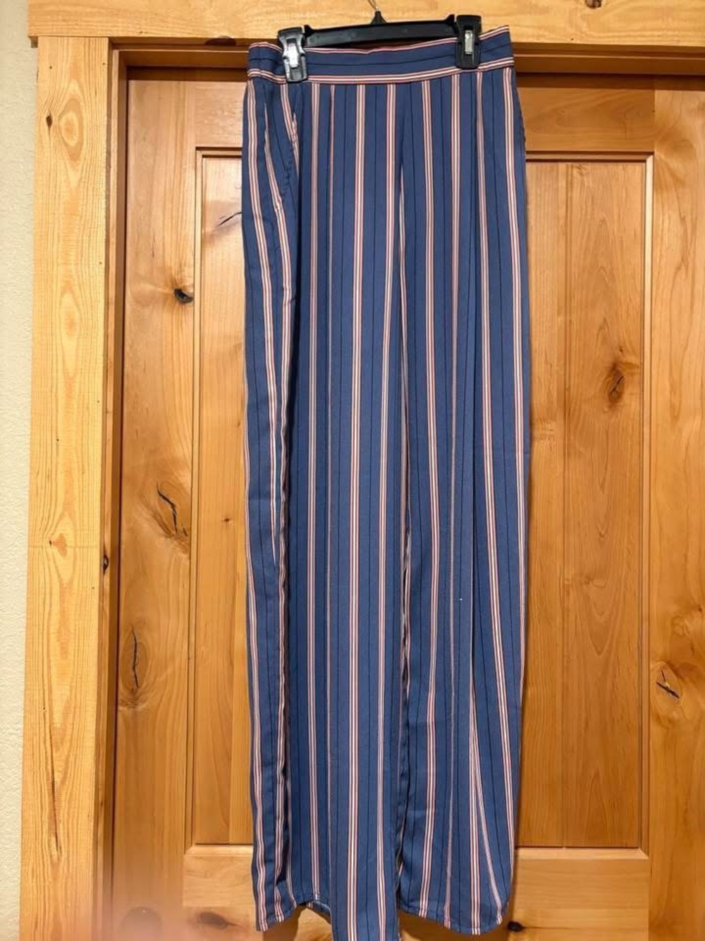 Navy Vertical Stripe Maxi Skirt with Pink Accents